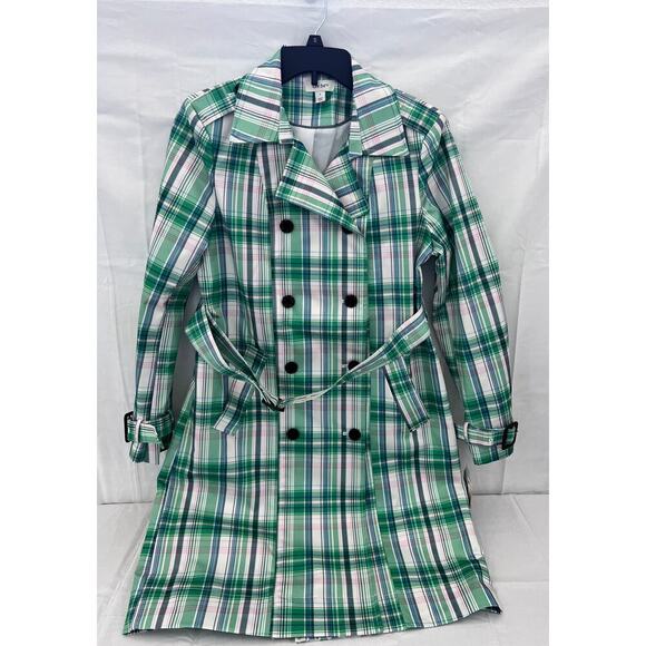 Women's Plaid Trench Coat Green/White CMB Double-Breasted with Belt Small - Picture 1 of 8